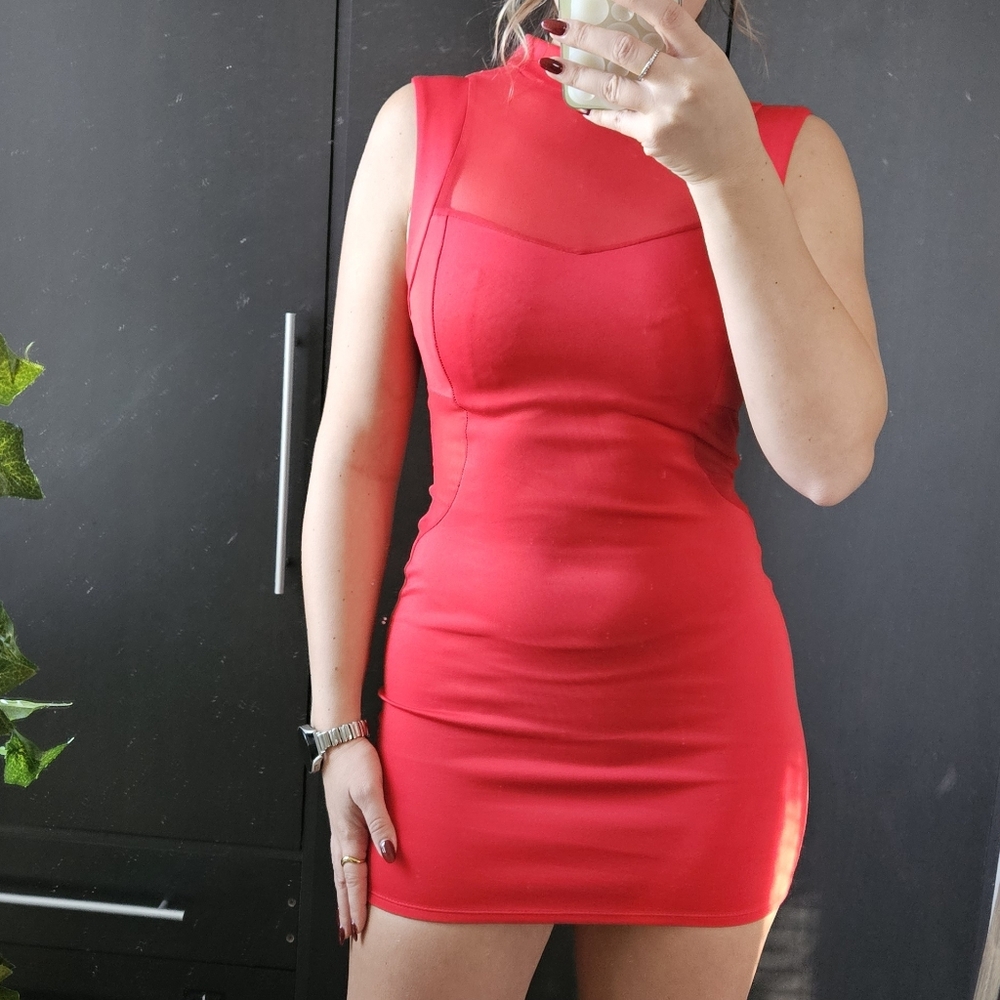 Cherry red mesh bodycon mini dress